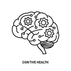 This abstract line art illustration showcases a human brain with internal gears and circuits, representing cognitive health, intelligence, and complex mental processes.