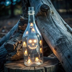 Glass bottle with glowing Halloween decorations on wooden stump  