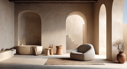 Beige-toned, minimalist bathroom/living space with arches