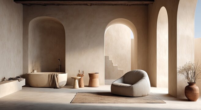 Beige-toned, minimalist bathroom/living space with arches