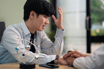 male patient receiving therapy for depression and stress in a psychiatric clinic.
