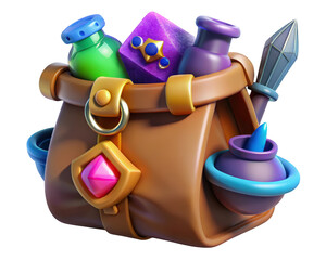 Fantasy treasure pouch filled with potions and crystals game asset for digital design,ideal resource for game design 3d illustration isolated on transparent background