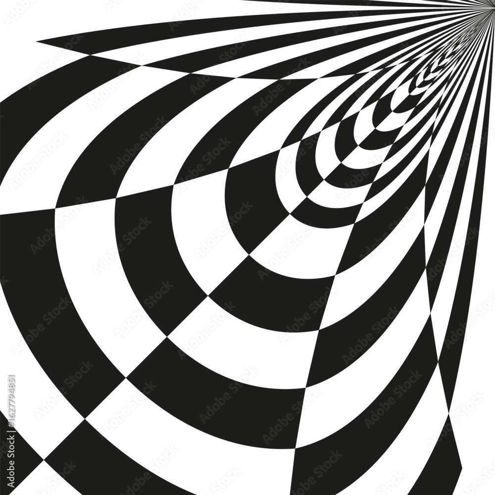 Poster checkerboard vortex pattern. warped abstract shape. black white vector