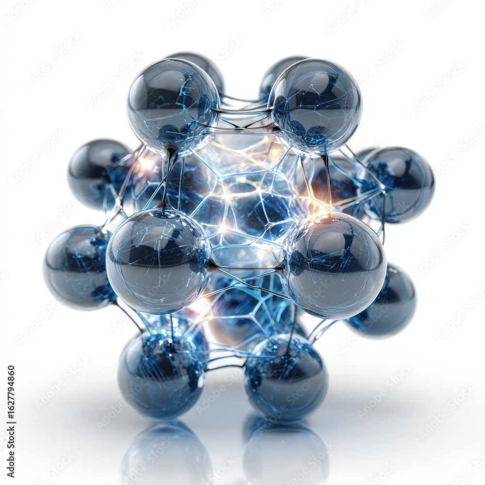 Poster abstract 3d model of a molecule structure shiny blue spheres connected by network