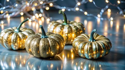 Glowing gold pumpkins with fairy lights on wooden surface  