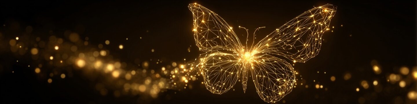 Mariposa dorada de l&iacute;neas luminosas, efecto de luz dorada sobre fondo oscuro