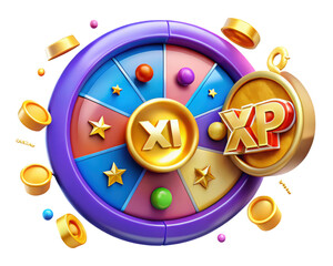 Lucky game wheel with xp coin and golden elements for chance rewards 3d illustration isolated on transparent background