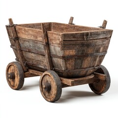 Wooden cart with a rectangular boxy body, two wheels, and wrought-iron accents