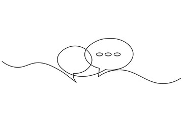 Obraz premium Minimalist one line drawing of two speech bubbles with ellipsis, symbolizing conversation or communication.