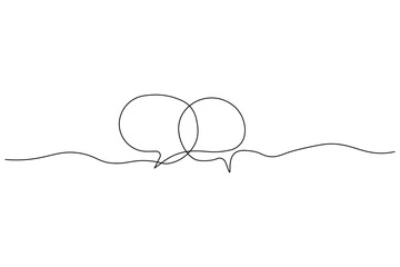 Minimalist one line drawing of two speech bubbles with ellipsis, symbolizing conversation or communication.