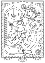 Radha Krishna line art illustration, Indian traditional artwork of divine love, Lord Krishna playing flute and Meera devotion vector for spiritual design and coloring book