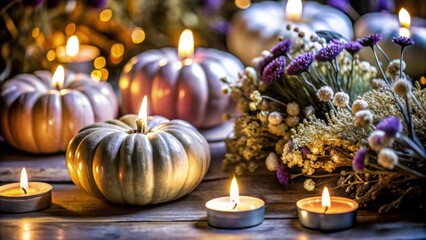 Decorative pumpkins and candles with dried flowers in autumn ambiance  