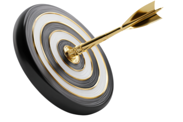 A golden arrow precisely centered in a black and white target