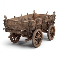 Aged wooden cart, rectangular boxy body, and large wheels