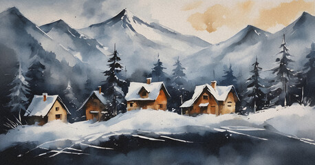 Houses in the Snow A Winter Watercolor