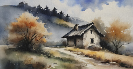 Misty Mountain Cottage Subtle Watercolor Palette Wall Art