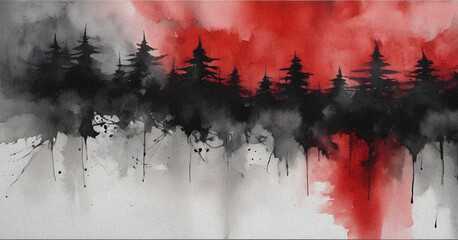 Crimson Sunset Over Silhouetted Trees Watercolor