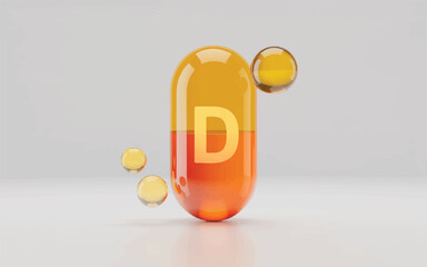 A 3D illustration of a vitamin D supplement capsule in a golden-orange color.  