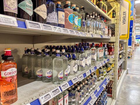 Kocaeli, Turkey - May, 14, 2025: Shelves of a Wholesale Store with Bottles of Gin and Vodka