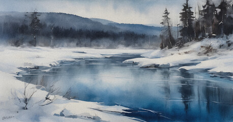 Blue Hour Winter River Atmospheric Watercolor Painting