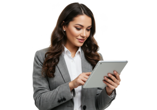 Businesswoman using a tablet computer isolated on transparent background