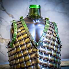 Unique handmade wine bottle armor displayed on a mannequin torso  