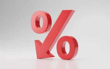 A 3D rendered red percentage symbol (%) with a downward-pointing arrow through it, creating a negative sign.