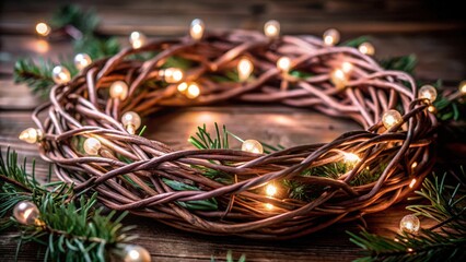 Woven Christmas wreath with lights and greenery on wooden background  