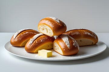 Fototapeta premium Freshly baked golden brown bread rolls arranged on a white plate with a small butter square