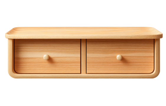 Light beige wooden wall-mounted double drawer cabinet.  Rounded edges.  Simple design.  Front view