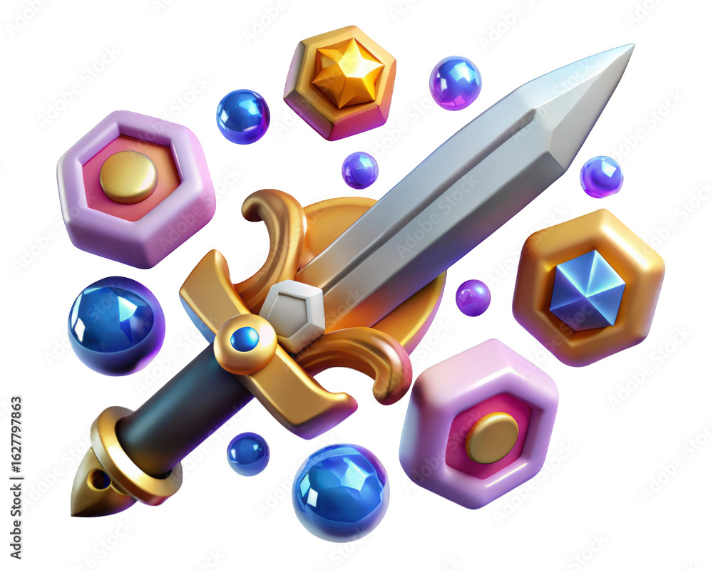 Poster stylized sword surrounded by gems and geometric shapes in a fantasy game setting with a background 3