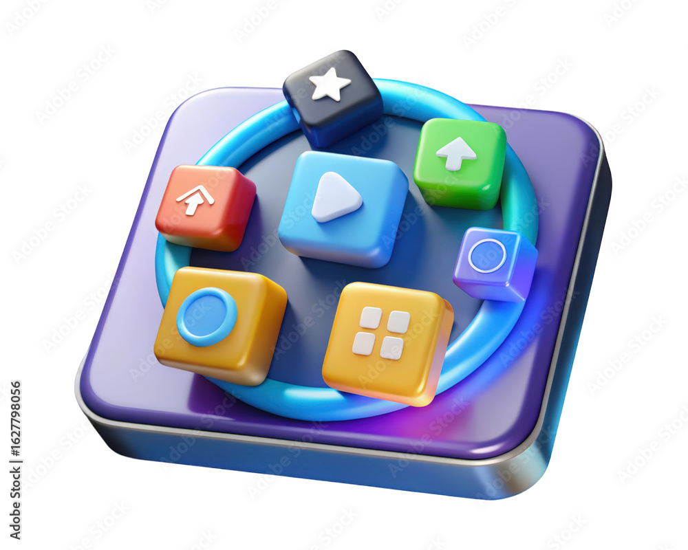 Poster ui ux app icons on 3d platform mobile interface design elements application symbols concept 3d illus