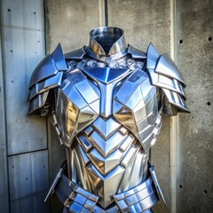 Silver metallic armor displayed on dummy against concrete wall  