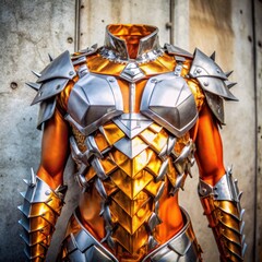Futuristic armor costume with metallic spikes and orange accents  