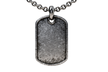 Close-up of a distressed, metal dog tag necklace.  A heavy chain hangs down
