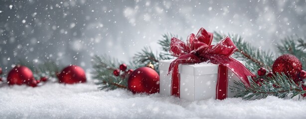 The beautiful Christmas gift wrapped in festive red ribbon on snowy background.