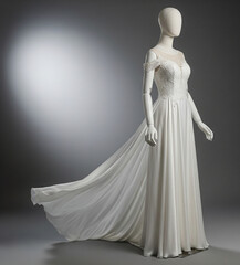An elegant white wedding dress, displayed on a mannequin against a gray background. The dress features an off-the-shoulder style with lace details at the bust and shoulders.