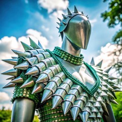Metallic sculpture with spikes displayed outdoors under blue sky  