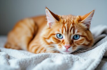 A ginger cat with striking blue eyes resting on a soft, light-colored blanket