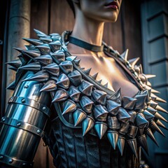 Modern mannequin dressed in edgy spiked armor with metallic accents  