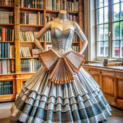 Elegant vintage dress displayed in a library surrounded by books  