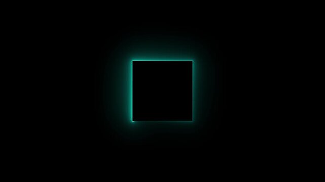 glowing cyan neon square animation on black background,abstract cyan light frame on black background,minimalist cayan neon box background loop,