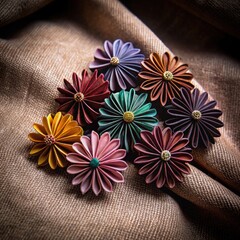 Colorful paper flowers arranged on brown fabric background  