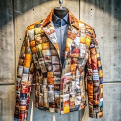 Unique patterned jacket displayed on mannequin against concrete wall  