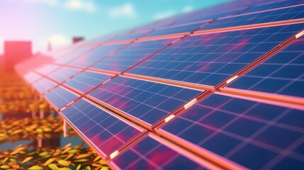 solar panels, renewable energy, photovoltaic cells, blue sky, warm sunlight, environmental sustainability, clean power generation, futuristic landscape, urban architecture
