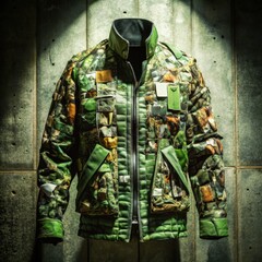 Stylish camouflage jacket displayed on a textured concrete background  