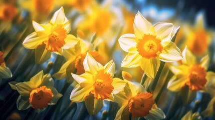 Fototapeta premium blossoms, daffodils, spring flowers, bright yellow petals, nature, garden, field, vibrant colors, close-up, detailed, highly detailed, photorealistic, seamless, 8k, high resolution, vivid 