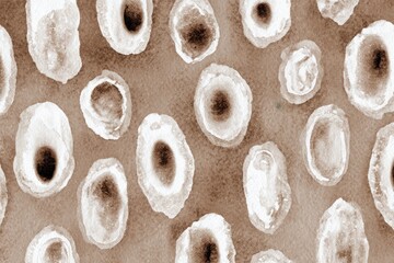 Abstract pattern of textured, light brown and taupe ovals, with dark centers