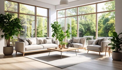 Modern Living Room with Lush Greenery View