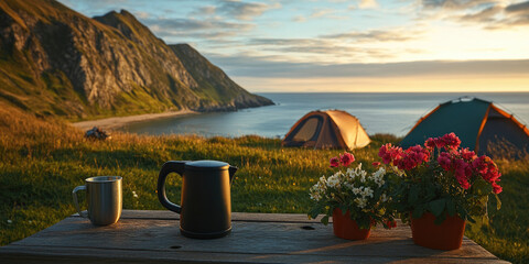 Serene Outdoor Campsite: Electric Kettle and Flowers on Table with Tents, Mountains, and Sea View. Coffee Mugs in Focus Against Scenic Sunset Backdrop. Perfect for Adventure Posters, Book Covers, and 